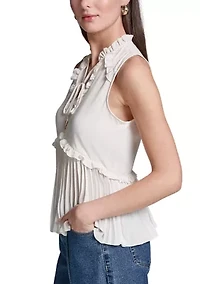 Women's Sleeveless Ruffle Neck Pleated Blouse