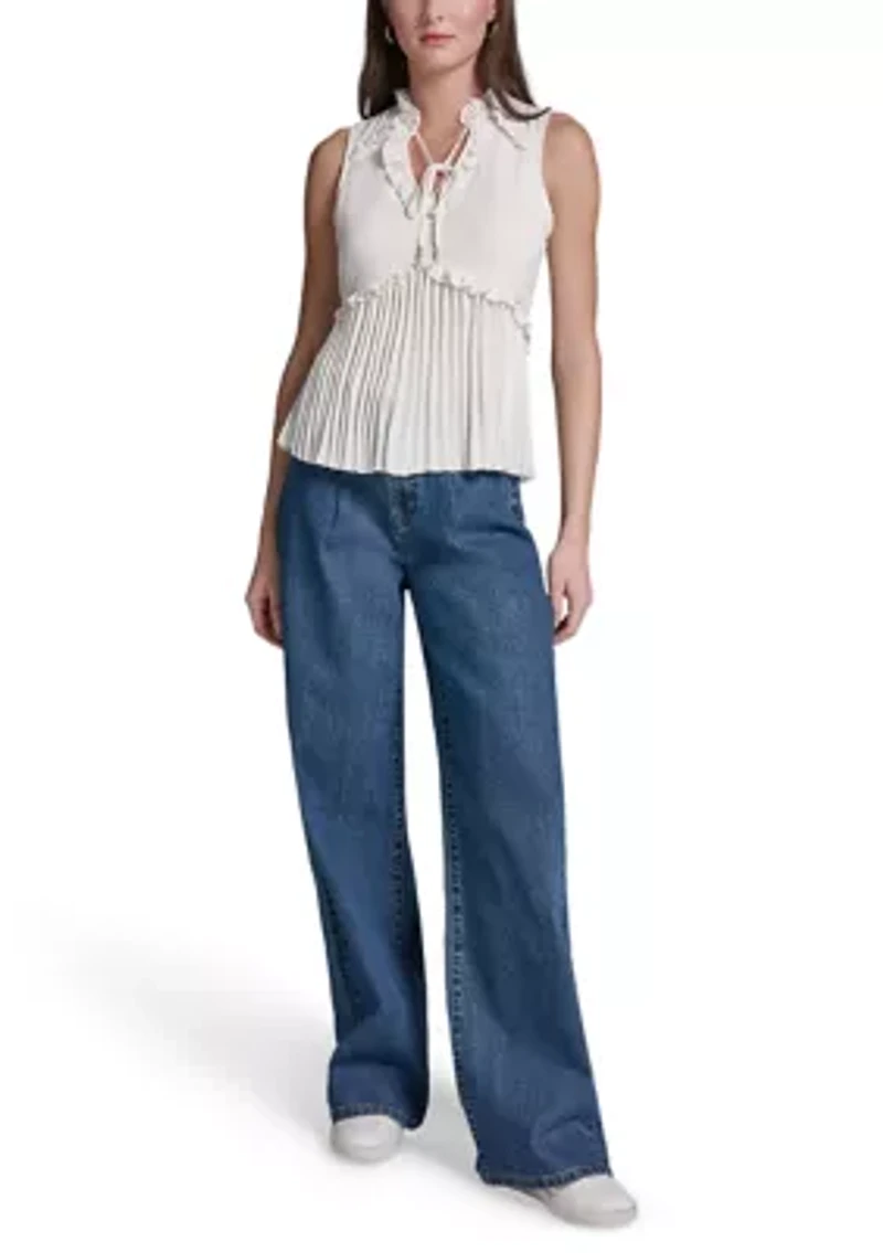 Women's Sleeveless Ruffle Neck Pleated Blouse