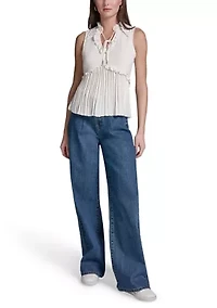 Women's Sleeveless Ruffle Neck Pleated Blouse