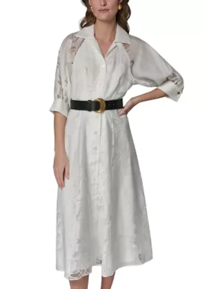 Women's Ruched Sleeve Jacquard Belted Shirtdress