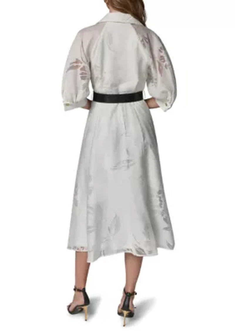 Women's Ruched Sleeve Jacquard Belted Shirtdress