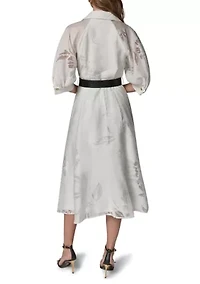 Women's Ruched Sleeve Jacquard Belted Shirtdress