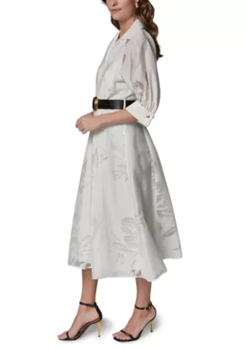 Women's Ruched Sleeve Jacquard Belted Shirtdress