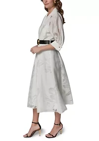 Women's Ruched Sleeve Jacquard Belted Shirtdress