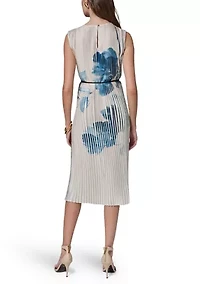 Women's Sleeveless Floral Pleated Belted Dress