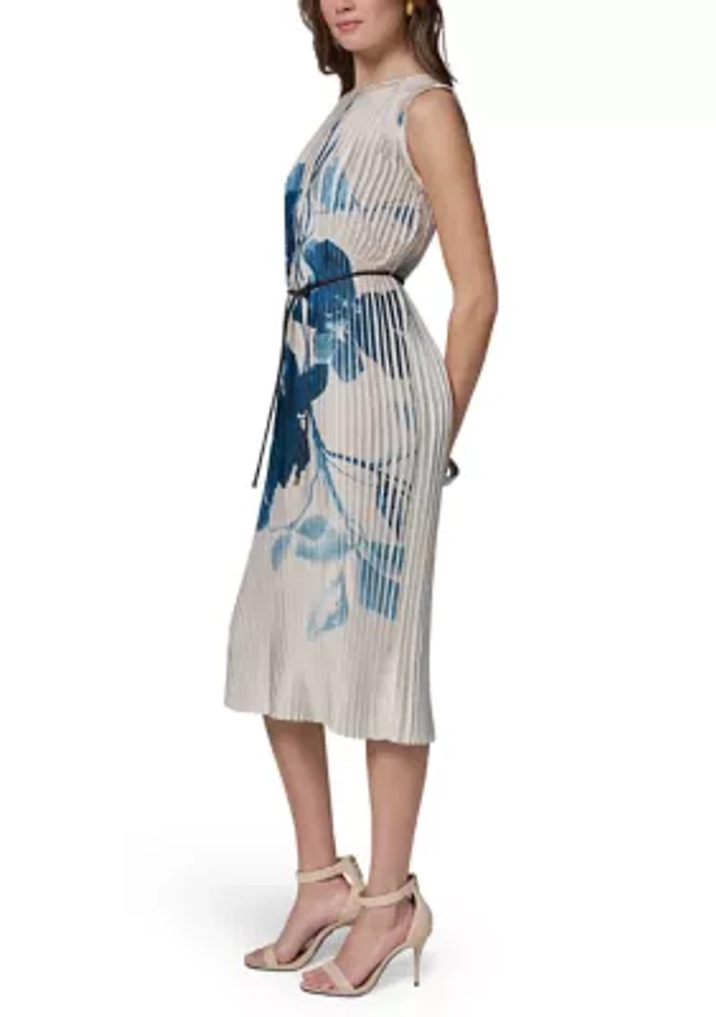 Women's Sleeveless Floral Pleated Belted Dress
