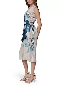 Women's Sleeveless Floral Pleated Belted Dress