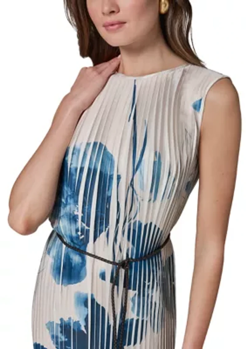 Women's Sleeveless Floral Pleated Belted Dress