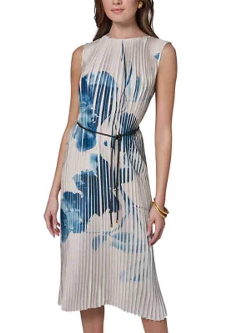 Women's Sleeveless Floral Pleated Belted Dress