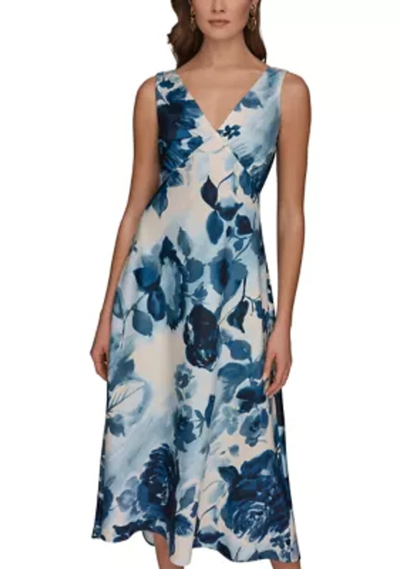 Women's V-Neck Empire Floral Midi Dress