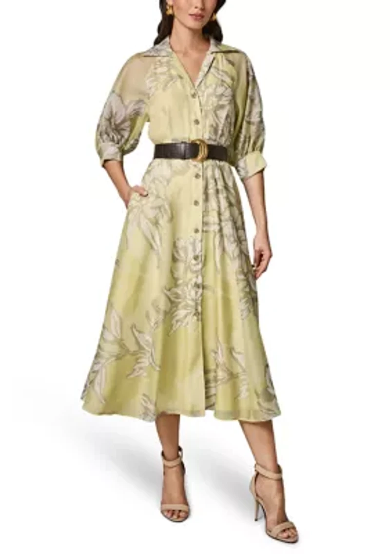 Women's Three-Quarter Sleeve Belted Floral Shirt Dress