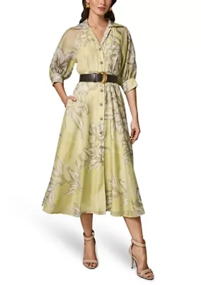 Women's Three-Quarter Sleeve Belted Floral Shirt Dress
