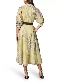 Women's Three-Quarter Sleeve Belted Floral Shirt Dress