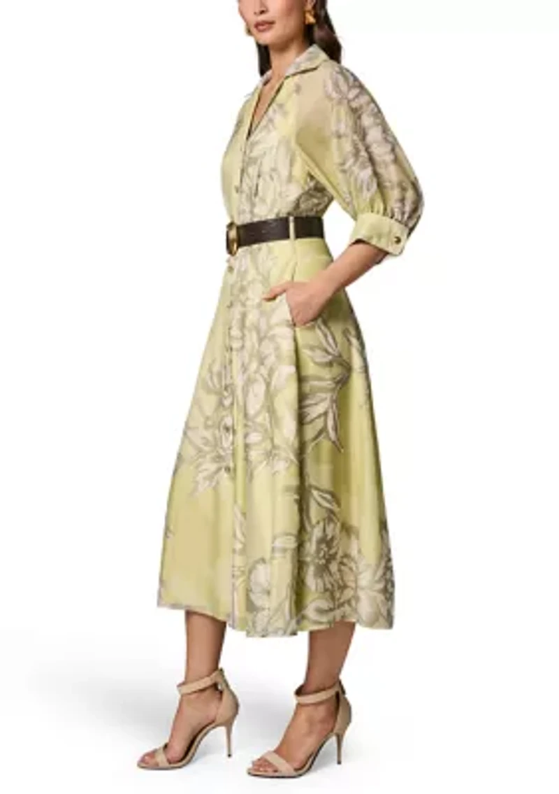 Women's Three-Quarter Sleeve Belted Floral Shirt Dress