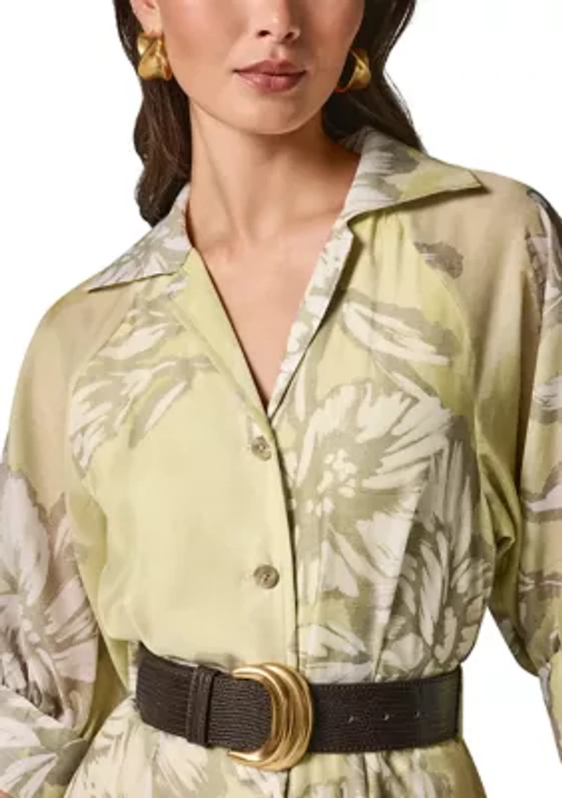 Women's Three-Quarter Sleeve Belted Floral Shirt Dress