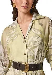 Women's Three-Quarter Sleeve Belted Floral Shirt Dress
