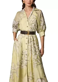Women's Three-Quarter Sleeve Belted Floral Shirt Dress