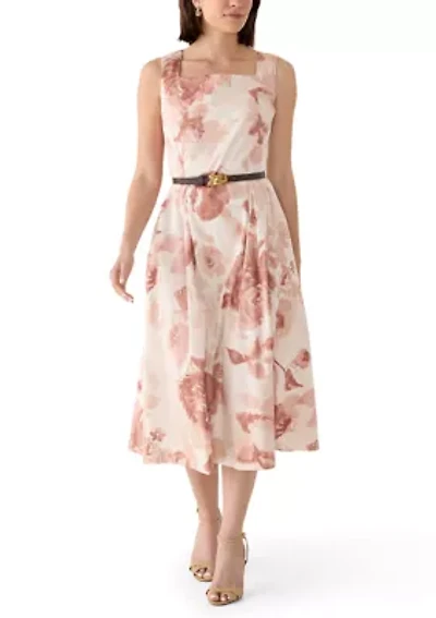 Women's Sleeveless Square Neck Floral Belted Dress
