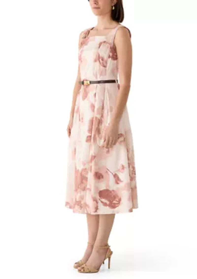 Women's Sleeveless Square Neck Floral Belted Dress