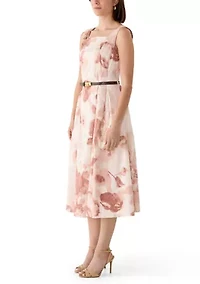 Women's Sleeveless Square Neck Floral Belted Dress