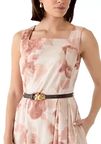 Women's Sleeveless Square Neck Floral Belted Dress