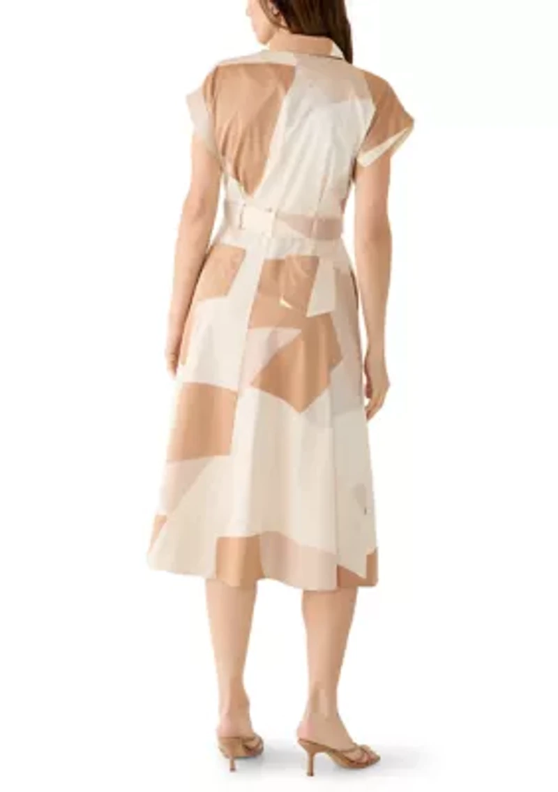Women's Short Sleeve Geo Tie Waist Shirtdress