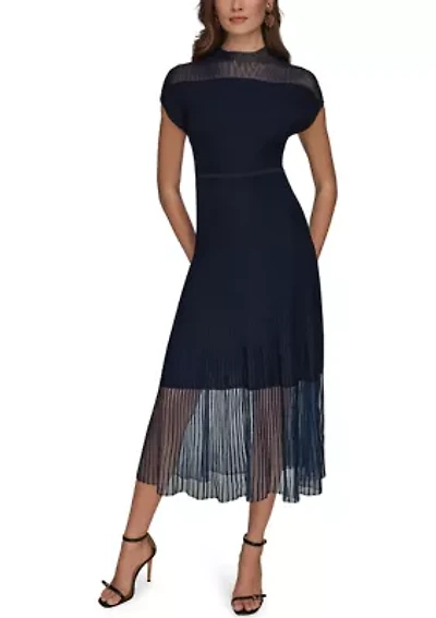 Women's Short Sleeve Mixed Media Midi Dress