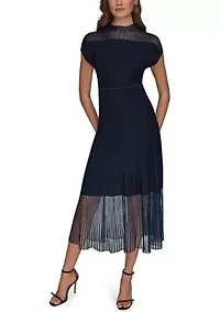Women's Short Sleeve Mixed Media Midi Dress