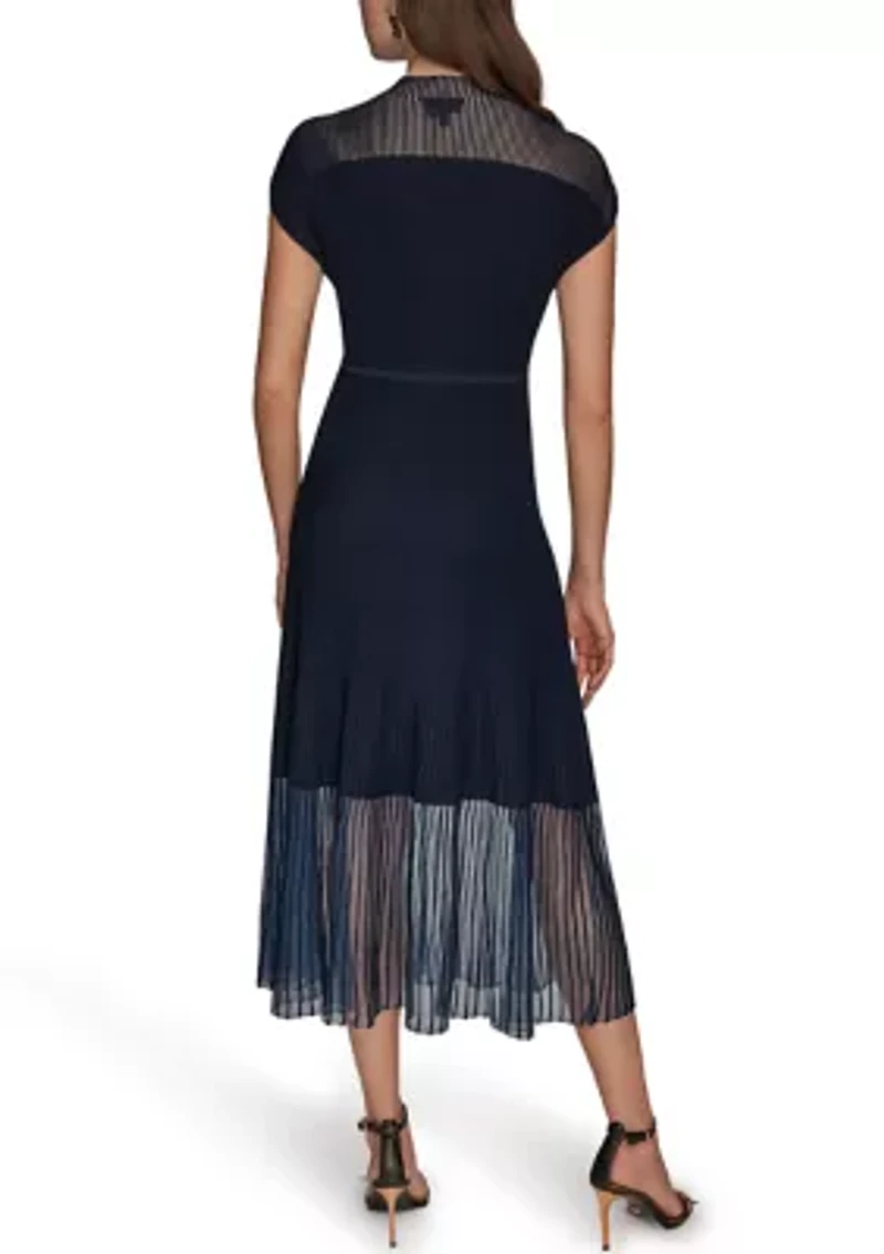 Women's Short Sleeve Mixed Media Midi Dress