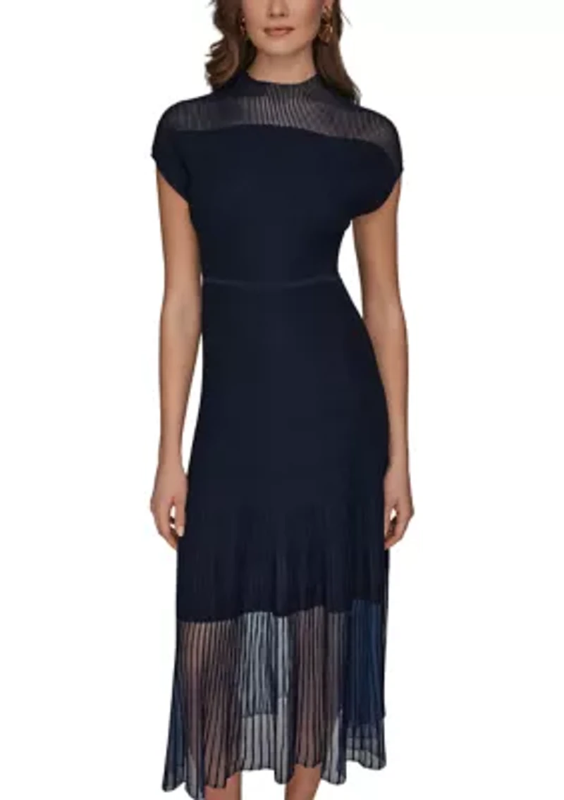 Women's Short Sleeve Mixed Media Midi Dress