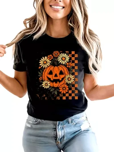 Checkered Floral Pumpkin T-Shirt, Preppy Halloween Tee
