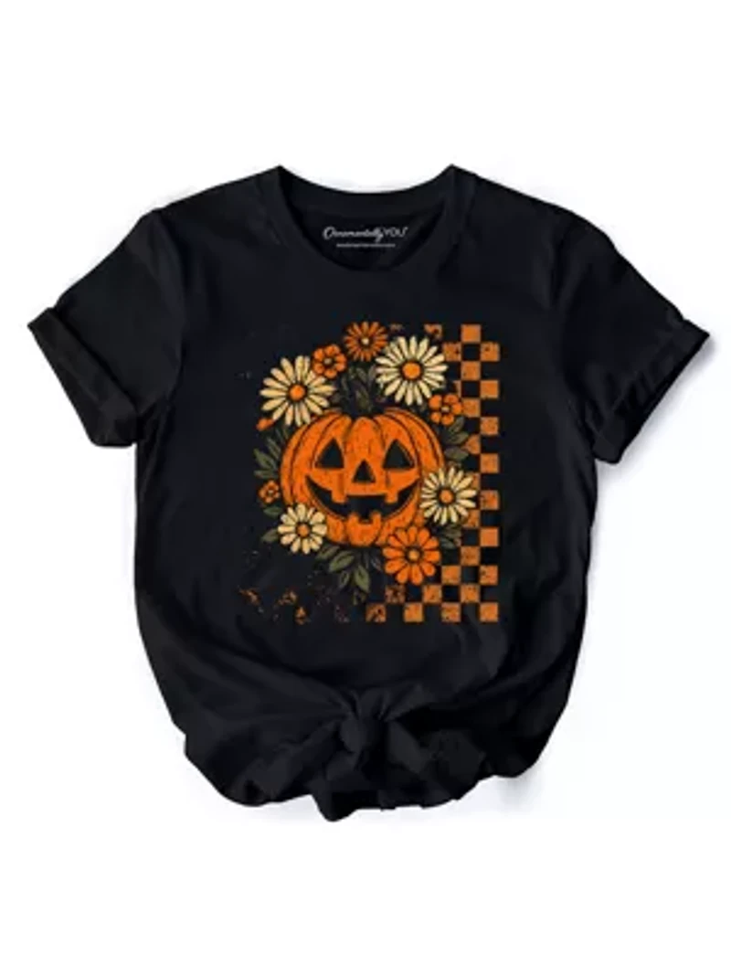 Checkered Floral Pumpkin T-Shirt, Preppy Halloween Tee