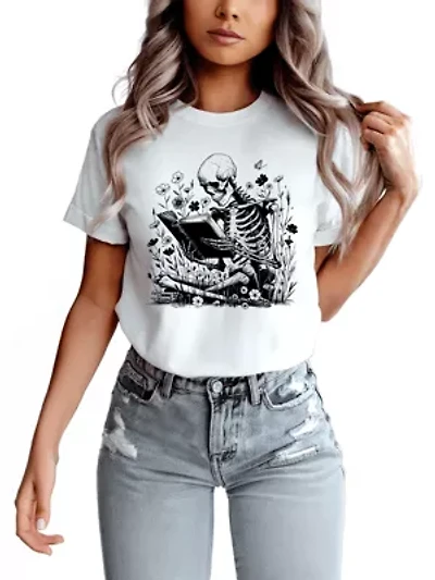 Gothic Reading Skeleton Halloween Tee for Bookworms