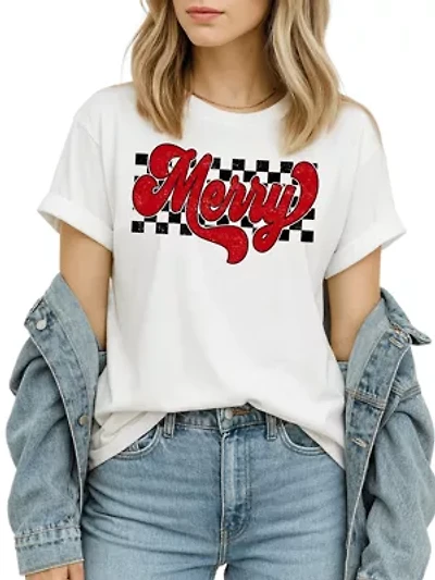 Merry Retro T‑Shirt, Christmas Checkered Tee