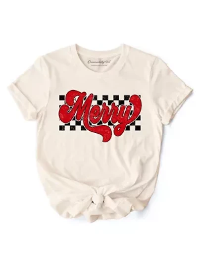 Merry Retro T‑Shirt, Christmas Checkered Tee