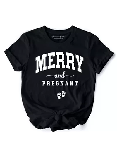 Merry and Pregnant T‑Shirt, Baby Announcement Tee