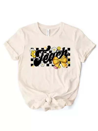 Teach Checkered Coquette Bow T-Shirt for Teachers
