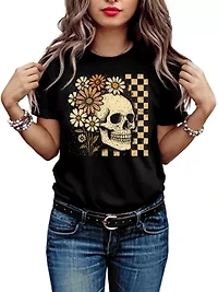 Checkered Floral Daisy Skeleton T-Shirt