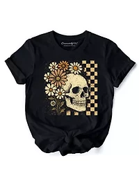 Checkered Floral Daisy Skeleton T-Shirt