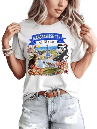 Massachusetts State Themes and Landmarks Tee for History Travel Lovers