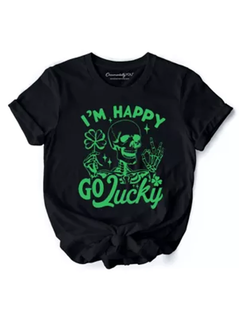Happy Go Lucky Clover Skeleton St Patrick’s Day Tee
