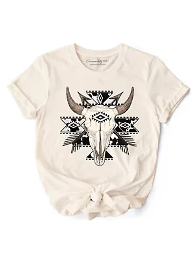 Aztec Tribal Bull Skull Western Boho Tee