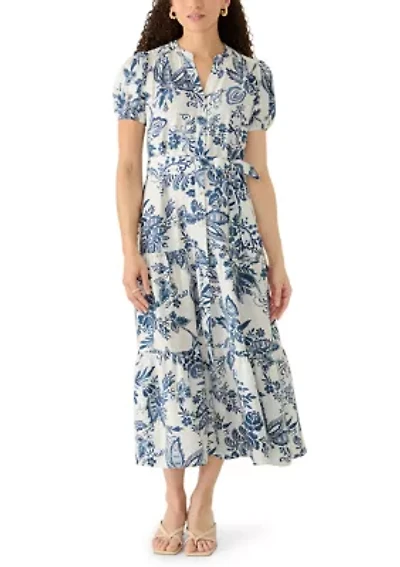 Petite Short Sleeve Button Tie Waist Maxi Dress