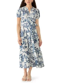 Petite Short Sleeve Button Tie Waist Maxi Dress