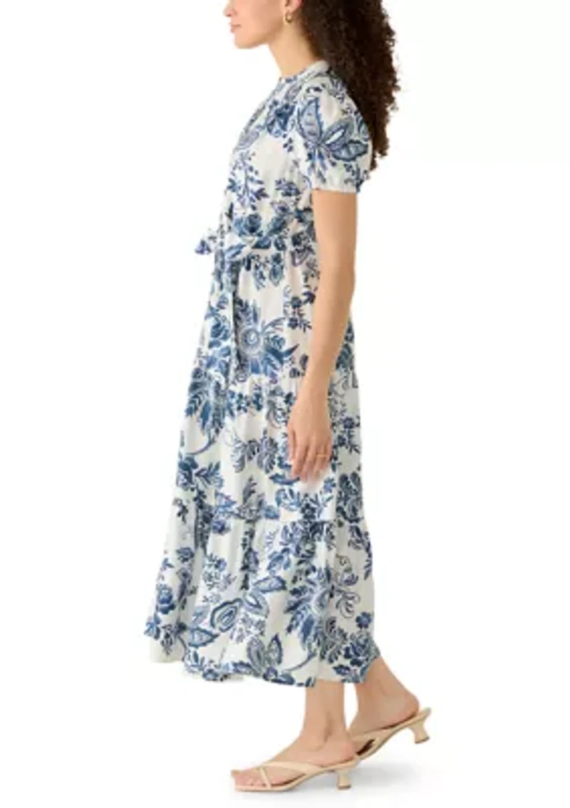 Petite Short Sleeve Button Tie Waist Maxi Dress