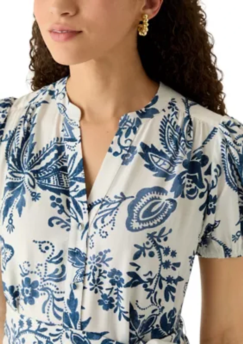 Petite Short Sleeve Button Tie Waist Maxi Dress