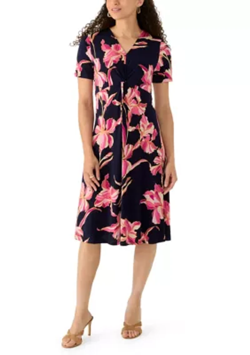 Petite V-Neck Twist Front Midi Dress