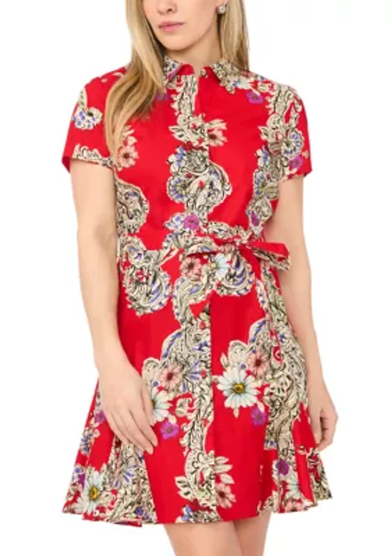 Petite Button Collar Belted Short Shirtdress