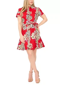 Petite Button Collar Belted Short Shirtdress