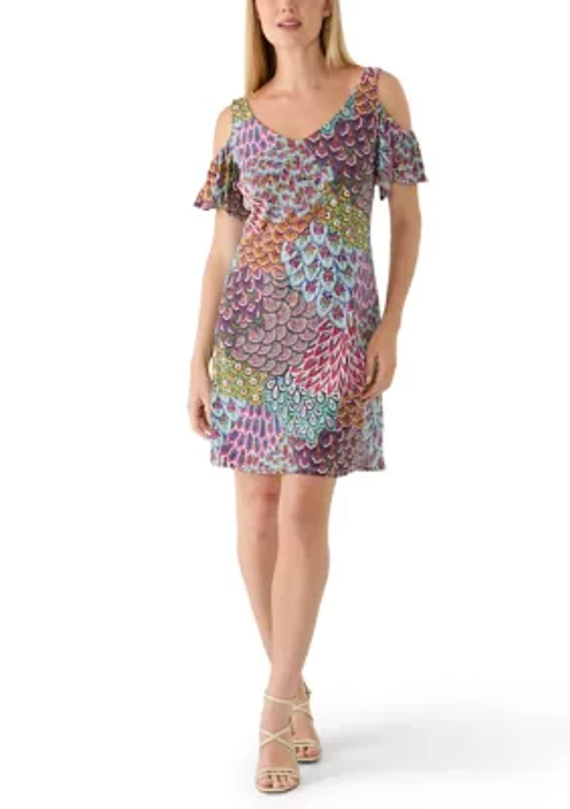 Petite Short Sleeve Cold Shoulder Print Mini Dress